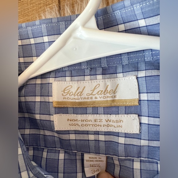 Roundtree & Yorke Gold Label Men’s Dress Shirt Blue Plaid 16.5 34 Non-Iron - Picture 3 of 3